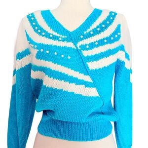 1980’s Bold Teal & White Knit Sweater w/ Pearl Accents, Angora & Rabbit Hair Lux